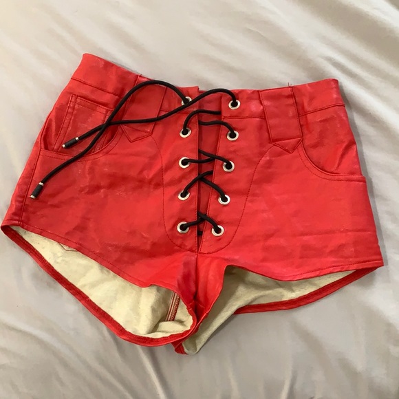 lioness red faux leather lace up shorts - Picture 1 of 2